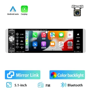 Podofo 1din Carplay Car Radio 5.1 Inch MP5 Audio Video Player